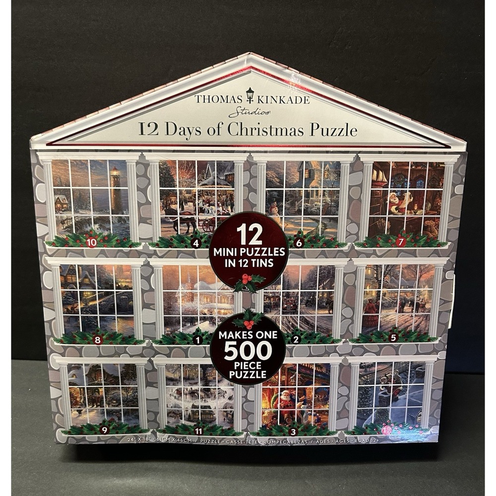 Thomas Kinkade 12 Days Of Christmas Mini Puzzles & Tins Makes 1 500 Piece Puzzle